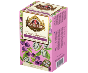Basilur Noni Plum - herbata bezkofeinowa z morwą indyjską, śliwką i cytrusami zapakowana pojedynczo w ozdobne koperty. Ozdobne pudełko z owocowym motywem.