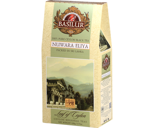 Basilur Nuwara Eliya - czarna herbata cejlońska bez dodatków, liściasta. Zielone pudełko z górskim motywem.