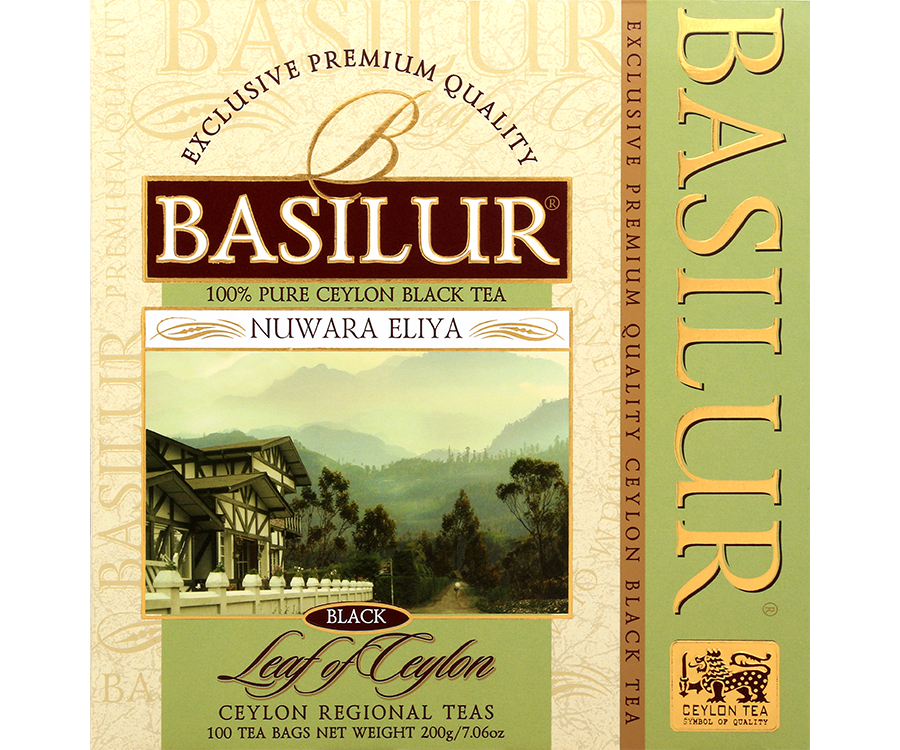 Basilur Nuwara Eliya - czarna herbata cejlońska bez dodatków, liściasta. Zielone pudełko z górskim motywem.