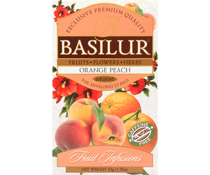 Basilur Orange Peach - owocowa herbata bezkofeinowa z dodatkiem hibiskusa, cykorii, pomarańczy, jeżyny oraz aromatu pomarańczy i brzoskwini. Ozdobne opakowanie z owocowym motywem.