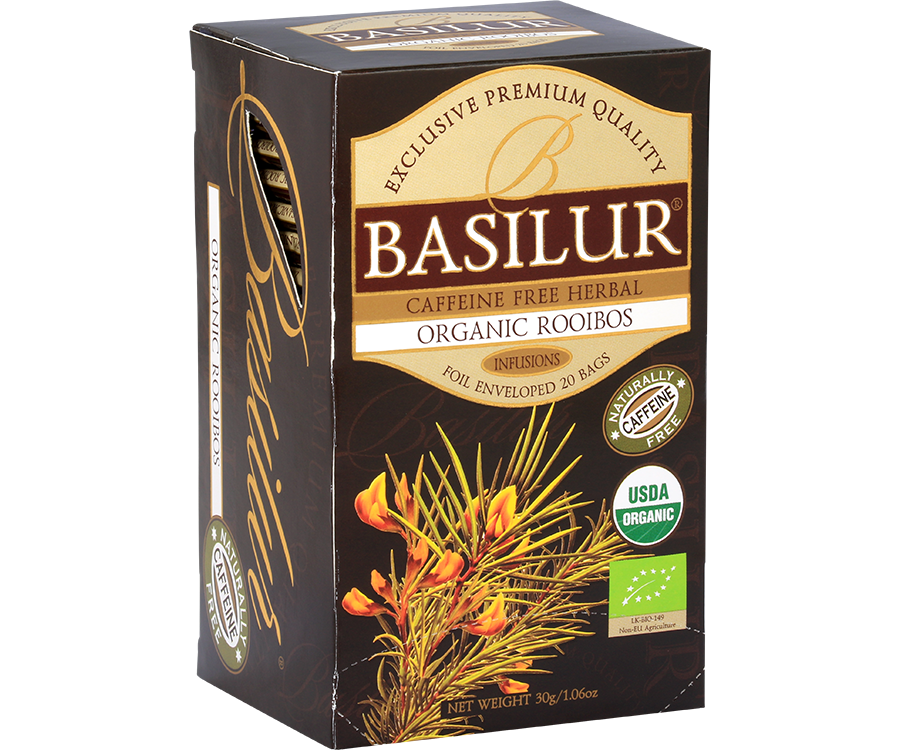 Basilur Organic Rooibos - certyfikowana, organiczna herbata rooibos. Ciemne, ozdobne pudełko z botanicznym motywem.