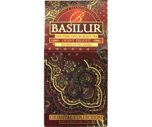Basilur Orient Delight - czarna herbata cejlońska FBOP Extra Special. Brązowe pudełko z orientalnym motywem.