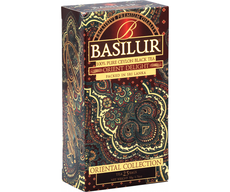 Basilur Orient Delight - czarna herbata cejlońska w torebkach. Ciemnobordowe, ozdobne pudełko z orientalnym motywem.