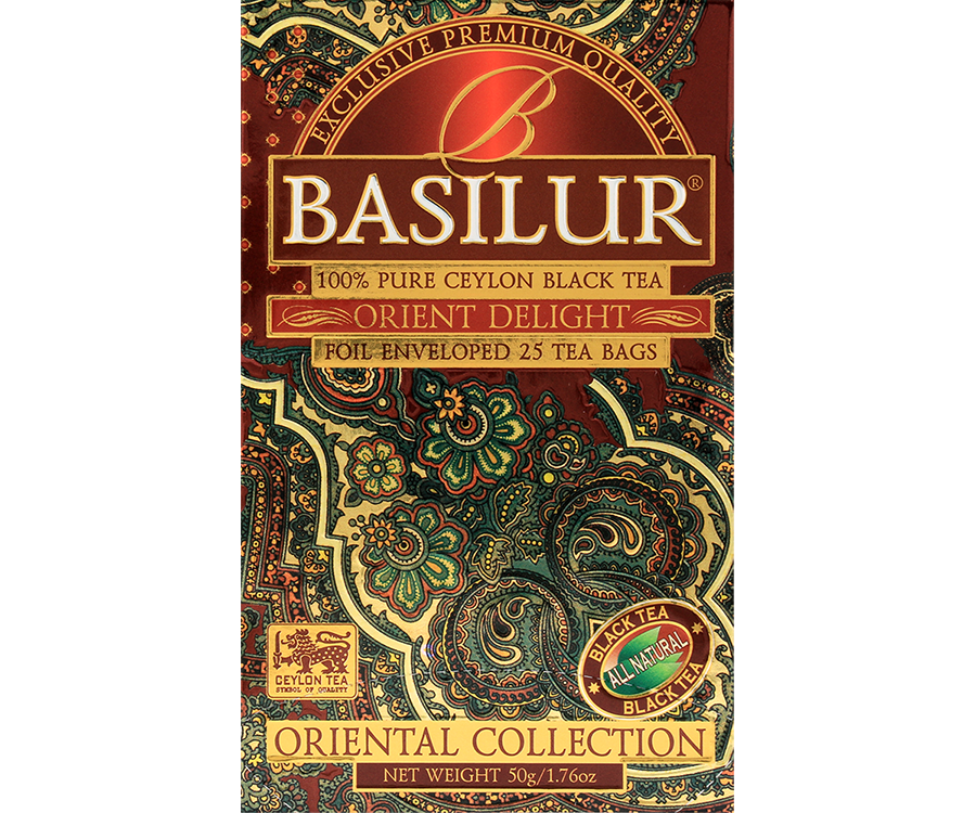 Basilur Orient Delight - czarna herbata cejlońska w torebce. Ozdobna, ciemnobordowa koperta z orientalnym motywem.