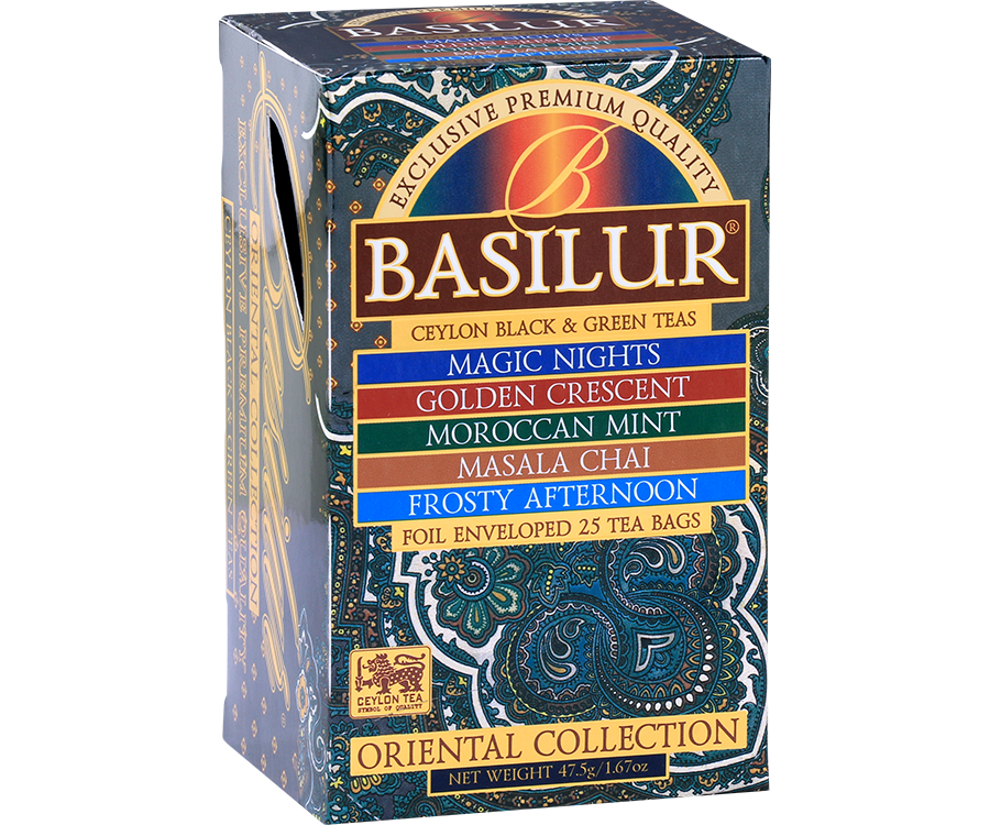 Basilur Oriental Assorted - zestaw 5 smaków herbat z kolekcji Oriental w ozdobnym pudełku z orientalnym motywem.