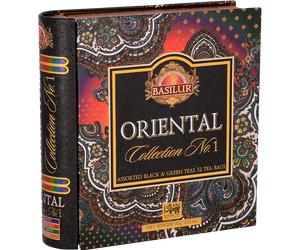 Basilur Oriental Collection Assorted - zestaw 4 smaków herbat cejlońskich w  torebkach kopertowych. Ozdobna puszka w kształcie książki z orientalnym motywem i logo Basilur.