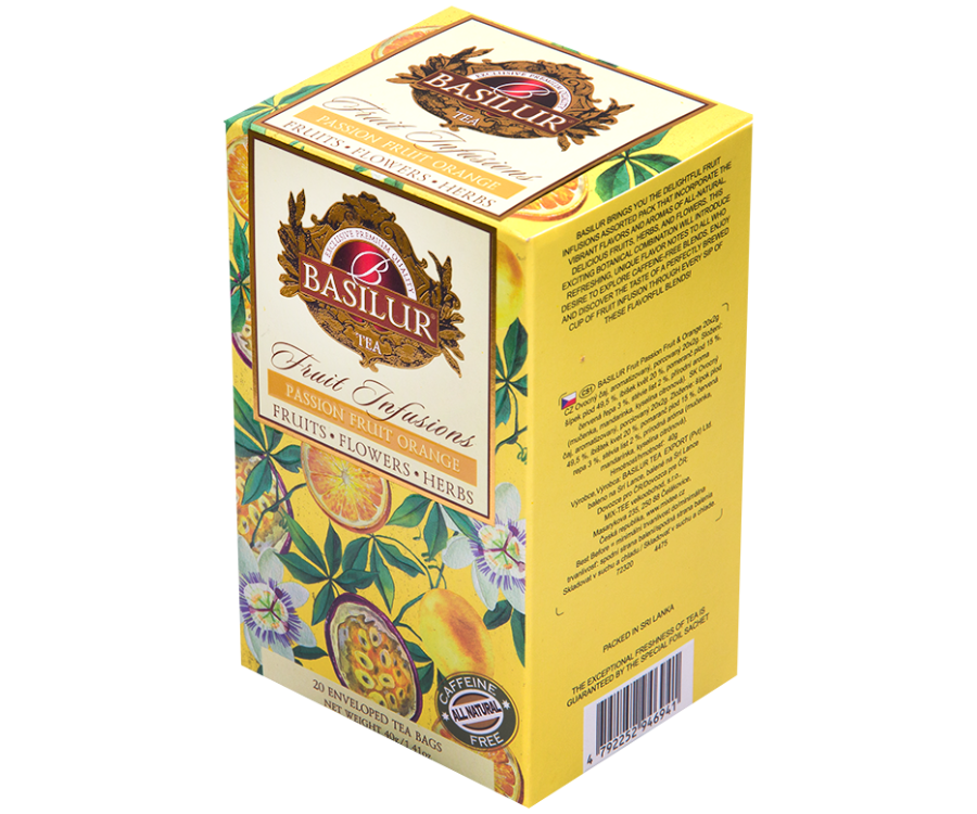 Basilur Passion Fruit Orange - herbata bezkofeinowa z marakują, mandarynką i cytrusami zapakowana pojedynczo w ozdobne koperty. Ozdobne pudełko z owocowym motywem.