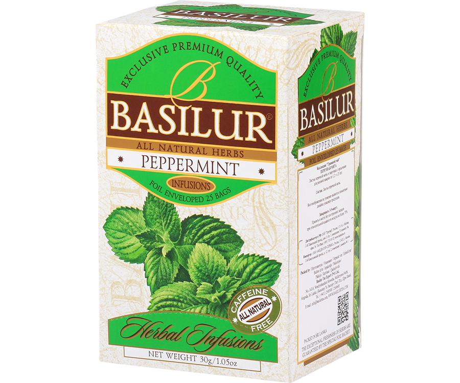 Basilur Peppermint - ziołowa herbata z suszonych liści mięty pieprzowej. Ozdobne opakowanie z roślinną grafiką.