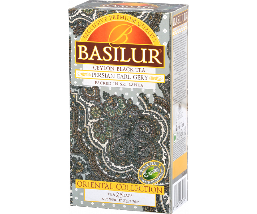 Basilur Persian Earl Grey - czarna herbata cejlońska z naturalnym aromatem bergamotki w torebkach ekspresowych. Ozdobne, srebrne pudełko z orientalnym motywem.