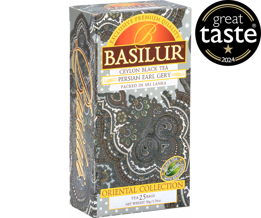 Basilur Persian Earl Grey - czarna herbata cejlońska z naturalnym aromatem bergamotki w torebkach ekspresowych. Ozdobne, srebrne pudełko z orientalnym motywem.