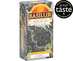 Basilur Persian Earl Grey - czarna herbata cejlońska z naturalnym aromatem bergamotki w torebkach ekspresowych. Ozdobne, srebrne pudełko z orientalnym motywem.