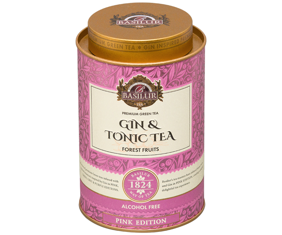 Basilur Gin & Tonic Tea Forest Fruits - Zielona herbata cejlońska z dodatkiem jagody jałowca, trawy cytrynowej, hibiskusa oraz aromatu ginu, owoców leśnych i toniku. Metalowa puszka zdobiona motywem liści herbaty.