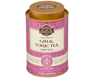 Basilur Gin & Tonic Tea Forest Fruits - Zielona herbata cejlońska z dodatkiem jagody jałowca, trawy cytrynowej, hibiskusa oraz aromatu ginu, owoców leśnych i toniku. Metalowa puszka zdobiona motywem liści herbaty.