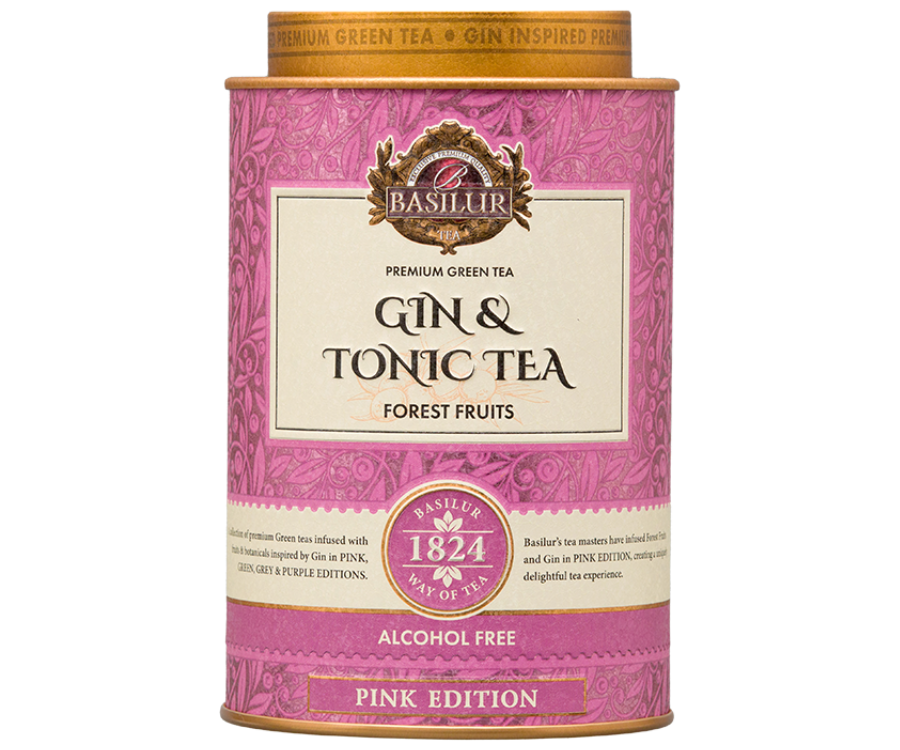 Basilur Gin & Tonic Tea Forest Fruits - Zielona herbata cejlońska z dodatkiem jagody jałowca, trawy cytrynowej, hibiskusa oraz aromatu ginu, owoców leśnych i toniku. Metalowa puszka zdobiona motywem liści herbaty.