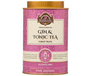 Basilur Gin & Tonic Tea Forest Fruits - Zielona herbata cejlońska z dodatkiem jagody jałowca, trawy cytrynowej, hibiskusa oraz aromatu ginu, owoców leśnych i toniku. Metalowa puszka zdobiona motywem liści herbaty.