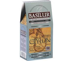 Basilur Platinum- czarna herbata cejlońska skomponowana z delikatnych listków FBOPF bez dodatków. Ozdobne opakowanie z grafiką mapy.