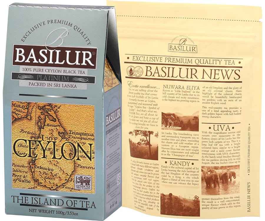Basilur Platinum- czarna herbata cejlońska skomponowana z delikatnych listków FBOPF bez dodatków. Ozdobne opakowanie z grafiką mapy.