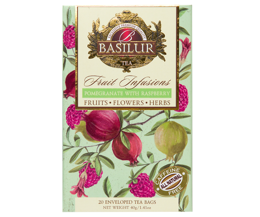 Basilur Pomegranate with Raspberry – herbata bezkofeinowa z maliną i cytrusami zapakowana pojedynczo w ozdobne koperty. Ozdobne pudełko z owocowym motywem.