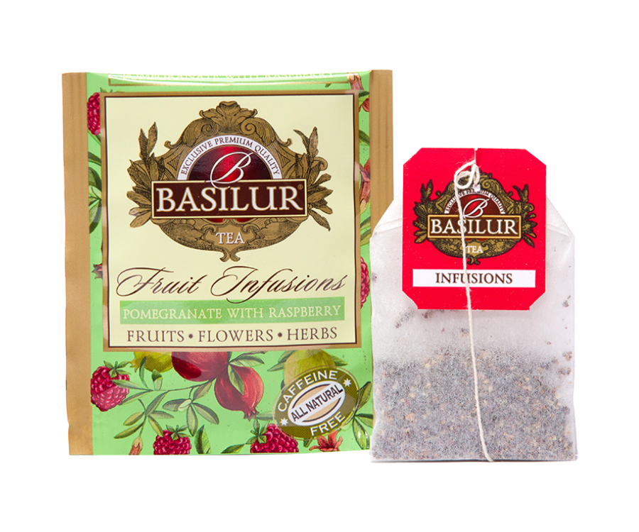 Basilur Pomegranate with Raspberry – herbata bezkofeinowa z maliną i cytrusami zapakowana pojedynczo w ozdobne koperty. Ozdobne pudełko z owocowym motywem.