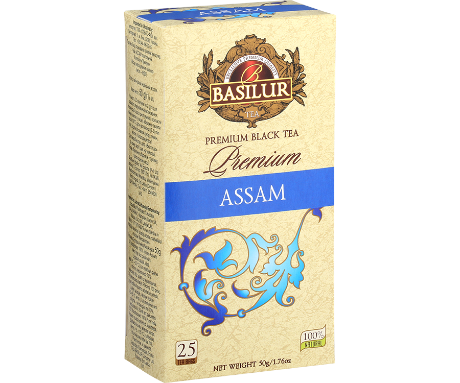 Basilur Assam Premium - czarna herbata indyjska bez dodatków. Ozdobne opakowanie z niebieskimi akcentami.