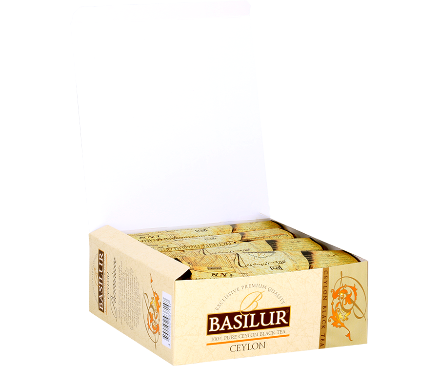 Basilur Ceylon Premium - czarna herbata cejlońska skomponowana z liści BOPF bez dodatków. Ozdobne opakowanie z pomarańczowymi akcentami.