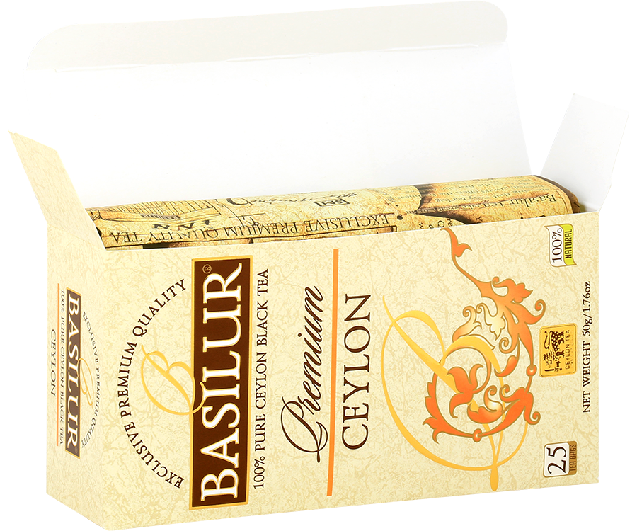 Basilur Ceylon Premium - czarna herbata cejlońska skomponowana z liści BOPF bez dodatków. Ozdobne opakowanie z pomarańczowymi akcentami.