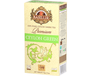 Basilur Ceylon Green Premium - zielona herbata cejlońska bez dodatków. Ozdobne opakowanie z zielonymi akcentami.