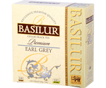 Basilur Earl Grey Premium - czarna herbata cejlońska z dodatkiem naturalnego aromatu bergamotki. Ozdobne opakowanie z szarymi akcentami.