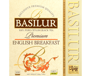 Basilur English Breakfast Premium - czarna herbata cejlońska skomponowana z równomiernie i równo pociętych liści bez dodatków. Ozdobne opakowanie z pomarańczowymi akcentami. 