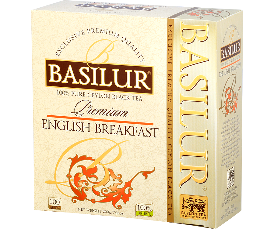 Basilur English Breakfast Premium - czarna herbata cejlońska skomponowana z równomiernie i równo pociętych liści bez dodatków. Ozdobne opakowanie z pomarańczowymi akcentami. 