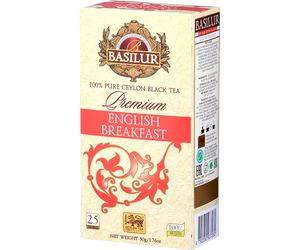 Basilur English Breakfast Premium - czarna herbata cejlońska skomponowana z równomiernie i równo pociętych liści bez dodatków. Ozdobne opakowanie z czerwonymi akcentami. 