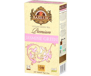 Basilur Jasmine Green Premium - zielona herbata cejlońska z dodatkiem naturalnego aromatu jaśminu. Ozdobne opakowanie z różowymi akcentami.