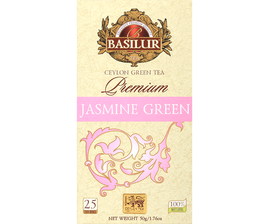 Basilur Jasmine Green Premium - zielona herbata cejlońska z dodatkiem naturalnego aromatu jaśminu. Ozdobne opakowanie z różowymi akcentami.