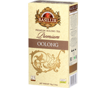 Basilur Oolong Premium - chińska herbata oolong bez dodatków. Ozdobne opakowanie ze złotymi i brązowymi akcentami.