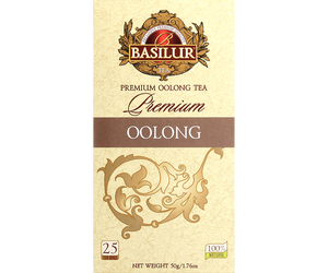 Basilur Oolong Premium - chińska herbata oolong bez dodatków. Ozdobne opakowanie ze złotymi i brązowymi akcentami.