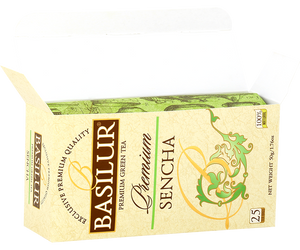Basilur Sencha Premium - zielona herbata bez dodatków. Ozdobne opakowanie z zielonymi akcentami.