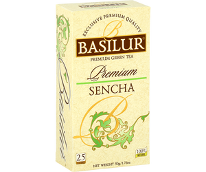 Basilur Sencha Premium - zielona herbata bez dodatków. Ozdobne opakowanie z zielonymi akcentami.
