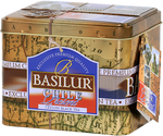Basilur Present Chile - czarna herbata cejlońska z dodatkiem czarnej jagody, żurawiny, truskawki, jagody goji, płatków słonecznika, krokoszu barwierskiego oraz aromatem wiśni. Zdobiona puszka przypominająca szkatułkę.