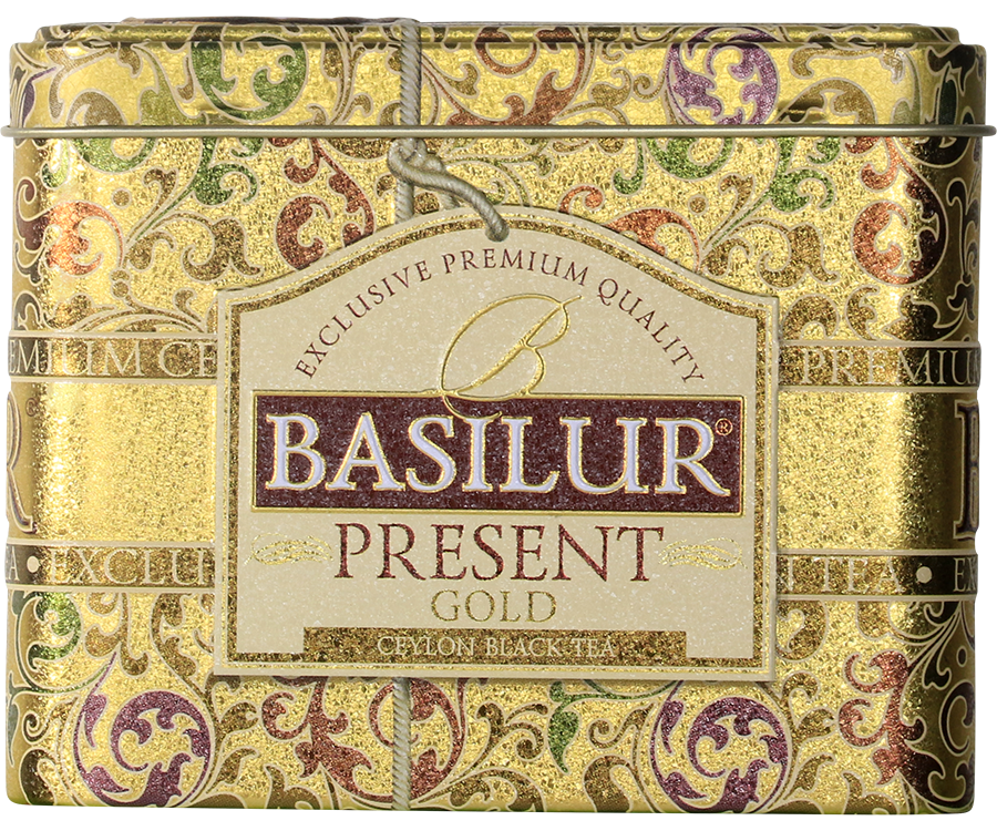 Basilur Present Gold - czarna herbata cejlońska skomponowana ze starannie wyselekcjonowanych listków z dodatkiem niebieskiej malwy, pączków jaśminu, płatków kokosowych oraz aromatu prażonych migdałów i wiśni. Zdobiona puszka przypominająca szkatułkę.