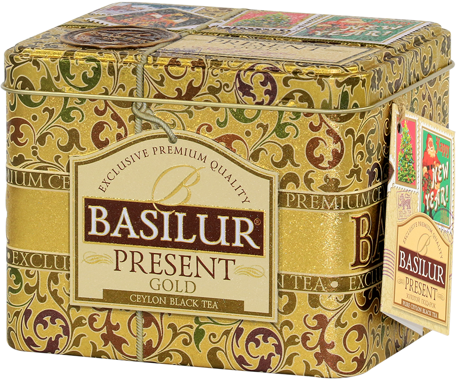 Basilur Present Gold - czarna herbata cejlońska skomponowana ze starannie wyselekcjonowanych listków z dodatkiem niebieskiej malwy, pączków jaśminu, płatków kokosowych oraz aromatu prażonych migdałów i wiśni. Zdobiona puszka przypominająca szkatułkę.