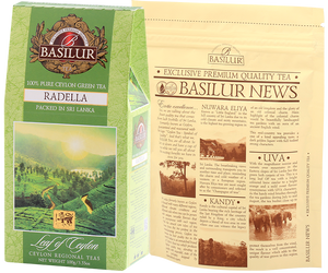 Basilur Radella Green - zielona wielkolistna herbata cejlońska bez dodatków pochodząca z regionu Radella na Sri Lance. Zielony stożek z motywem plantacji.
