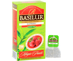 Basilur Raspberry - zielona herbata cejlońska z aromatem maliny. Zielone opakowanie z grafiką owoców.