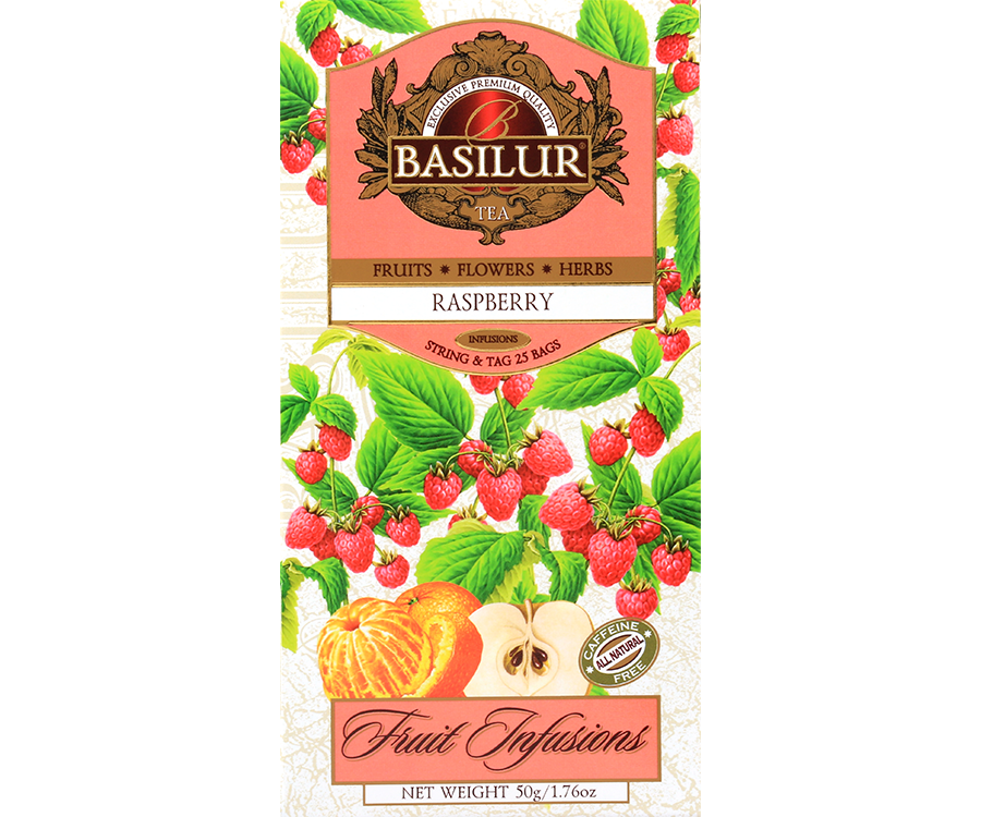 Basilur Raspberry - owocowa herbata bezkofeinowa z dodatkiem hibiskusa, liści stewii, jabłka, skórki pomarańczy oraz aromatu maliny i cytryny. Ozdobne opakowanie z owocowym motywem.
