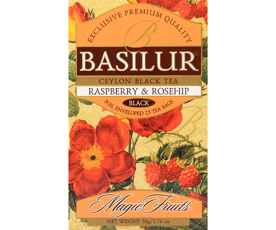 Basilur Raspberry & Rosehip - Czarna herbata cejlońska z dodatkiem owoców dzikiej róży oraz naturalnym aromatem malinowym. Ozdobne opakowanie z kwiatowo-owocowym motywem.