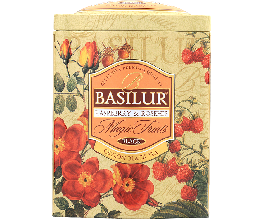 Basilur Raspberry & Rosehip - czarna herbata cejlońska skomponowana ze starannie wyselekcjonowanych liści z dodatkiem malin, papai, owoców dzikiej róży, nagietka, chabru oraz aromatu malinowego. Ozdobna puszka z motywem kwiatowo-owocowym.