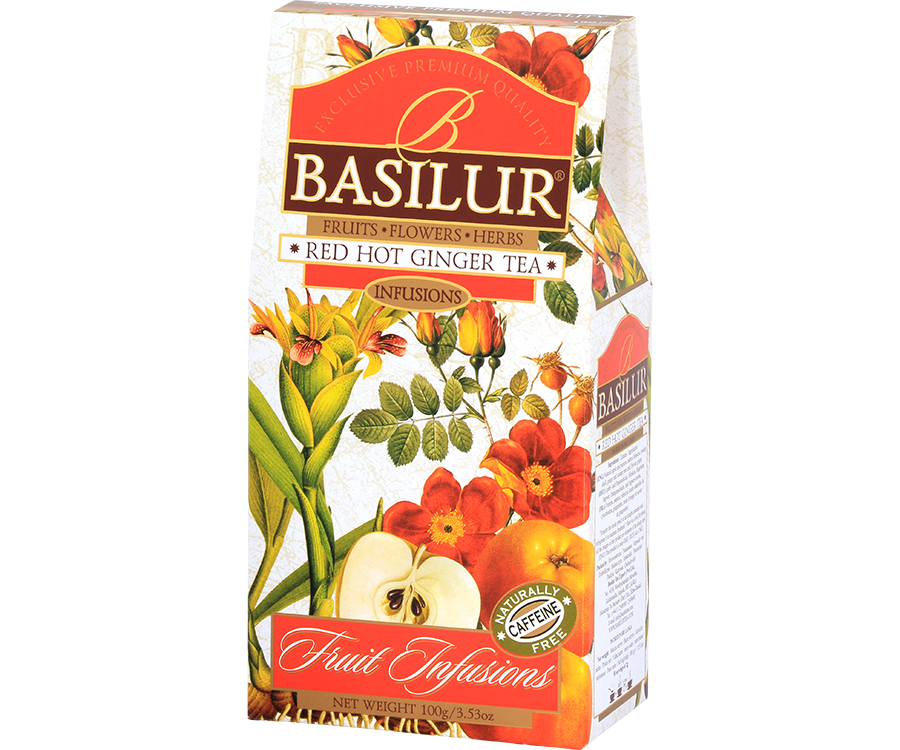 Basilur Red Hot Ginger - owocowa herbata bezkofeinowa z dodatkiem hibiskusa, owoców dzikiej róży, jabłka, papai, imbiru, skórki pomarańczy i aromatu imbiru. Ozdobne opakowanie z owocowo-kwiatowym motywem.
