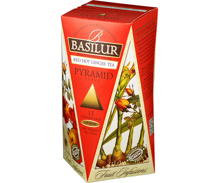 Basilur Red Hot Ginger - owocowa herbata bezkofeinowa z jabłka, papai, hibiskusa, owoców dzikiej róży, imbiru, skórki pomarańczy oraz aromatu imbiru. Ozdobne opakowanie z kwiatowo-owocowym motywem.