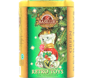 Basilur Retro Toys Green - zielona herbata cejlońska z dodatkiem owoców żurawiny, ananasa, jabłka, chabru oraz aromatem lodów wiśniowych. Ozdobna puszka z grafiką świątecznej bombki w stylu retro.