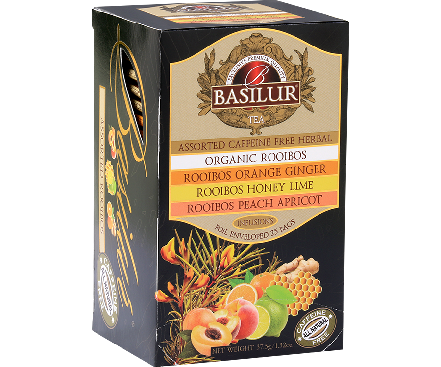 Basilur Rooibos Assorted - zestaw 4 smaków herbat z kolekcji Rooibos w ozdobnym pudełku z botanicznym motywem.