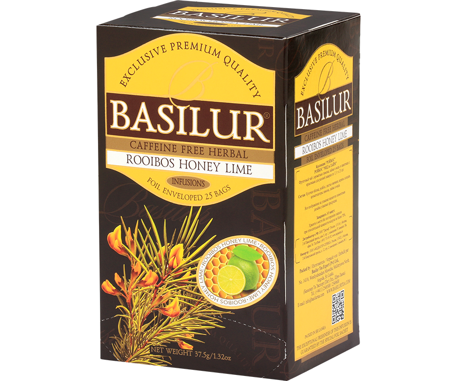 Basilur Rooibos Honey Lime - herbata rooibos z dodatkiem jabłka, liści jeżyn, korzenia lukrecji oraz aromatu cytryny, limonki oraz miodu. Ciemne, ozdobne pudełko z botanicznym motywem.